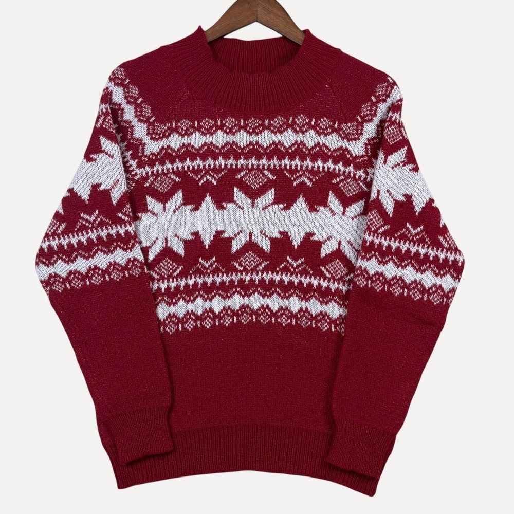 Knit Nordic Sweater Red White Mock Neck Pullover Winter S Fair Isle Holiday